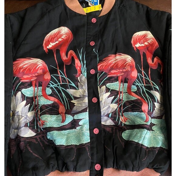 Vtg Black bomber jacket buttons flamingos lily pad flowers printed Size Medium M - Picture 12 of 16